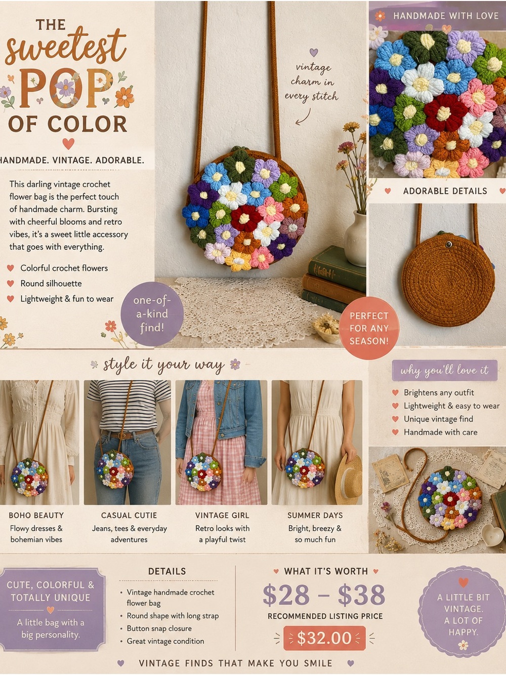 Source Unknown Multicolor Crochet Floral Round Hobo Bag